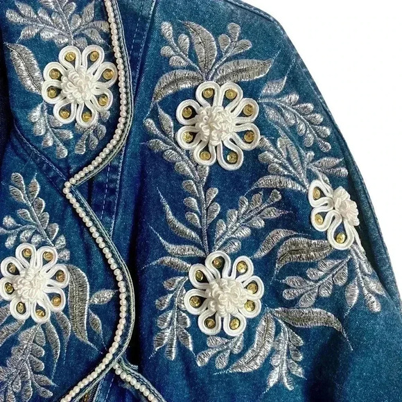 Vintage 80s Denim Jean Jacket Embroidered Double Breasted Acid Wash Size… - Picture 5 of 10
